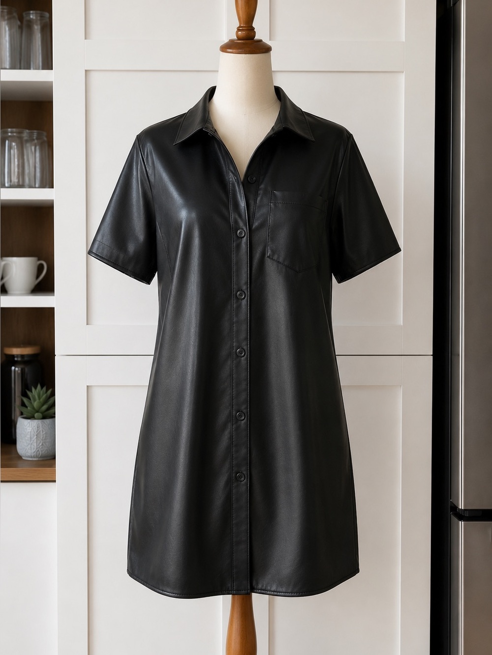 Women Black Short-Sleeve Button-Up Shirt - Minimal Leather-Look